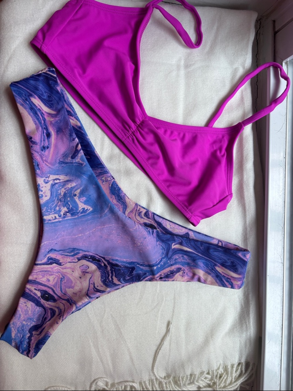 Vibrant Magenta Bikini Top with Marble Print Bottoms